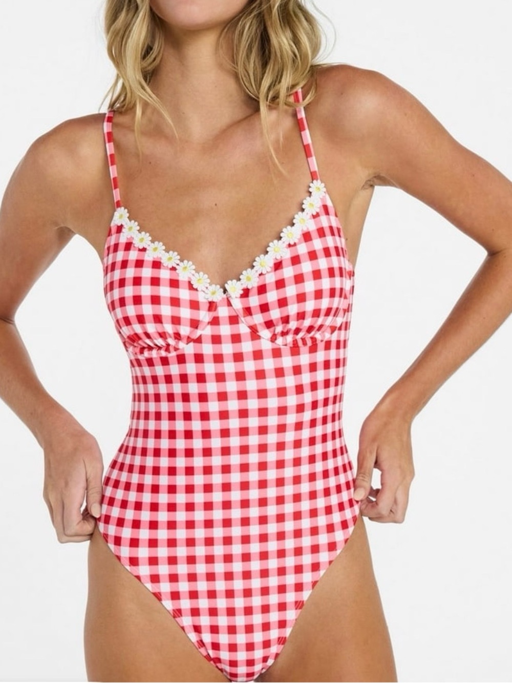 No Boundaries Red and White Gingham One-Piece Swimsuit with Daisy Trim